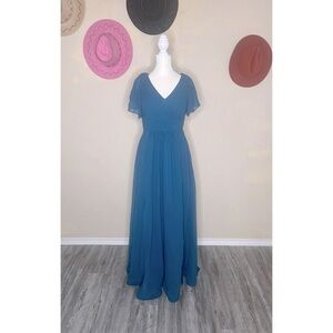 V-Neck Chiffon Bridesmaid Dresses Ruffles Sleeves Slit Formal Dress
